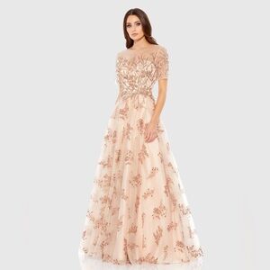 Mac Duggal Embroidered Maxi Dress in Cream and Gold